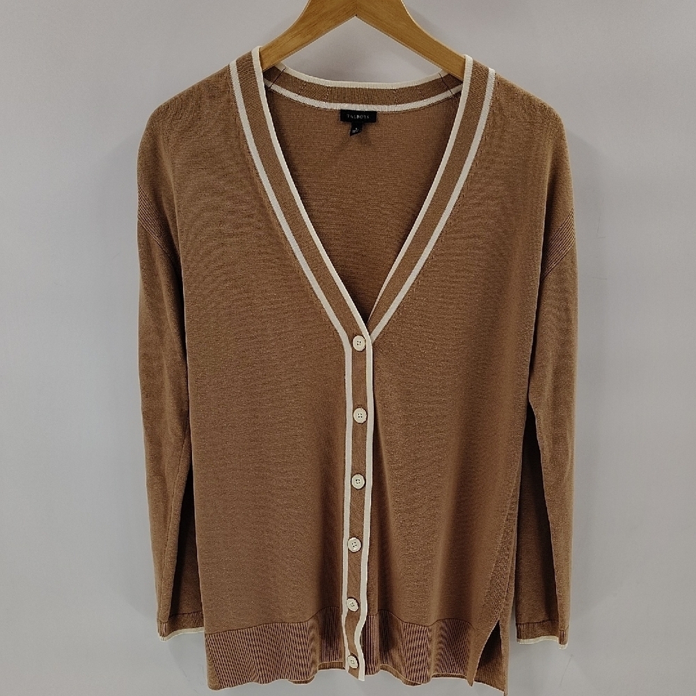Talbot's Button Up Sweater Size Small Long V Neck Tan And White Cardigan